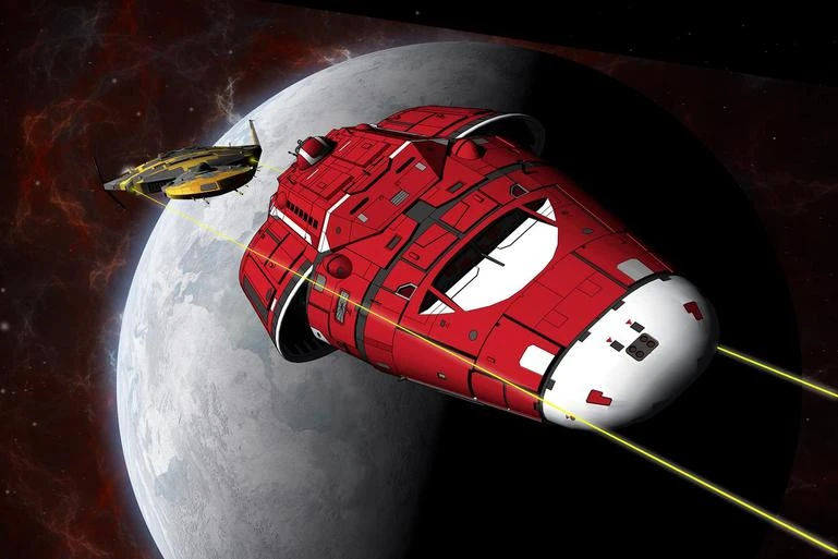Image for TravellerCon USA showing the free trader Beowulf under attack
