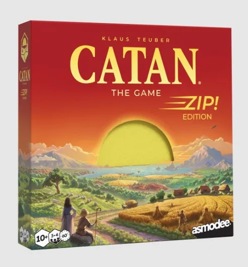 The box for "Catan Zip!" features a vibrant sunset over a pastoral landscape, with rolling hills, fields, and distant mountains. The title "Catan" is prominently displayed at the top in bold yellow letters, with "ZIP! EDITION" beneath it. In the foreground, two characters are depicted, one holding a staff, suggesting a sense of adventure and exploration.