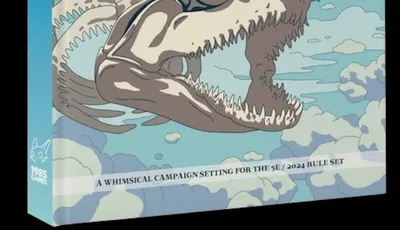 Book cover for "Obojima: Tales from the Tall Grass." A large, light gray skeletal fish head with sharp teeth and an open mouth dominates the lower half of the cover. A young girl with red hair, wearing a pink dress, stands on the fish's upper jaw, looking towards the right. The background is a bright blue sky with fluffy white clouds. The title "OBOJIMA" is prominently displayed in white text at the top, with the subtitle "Tales from the Tall Grass" in smaller white text below it. Additional text in a different script appears next to the subtitle. The spine of the book on the left side also displays the title "OBOJIMA" vertically in white text.