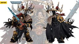 A highly detailed action figure of Abaddon the Despoiler from Warhammer 40,000 is showcased, featuring intricate armor adorned with gold and black accents. He wields a blue sword and is accompanied by the Talon of Horus, with a dramatic cape and a headdress decorated with skulls. The background features a faint image of Abaddon, emphasizing his imposing presence and the chaotic aesthetic of the character.
