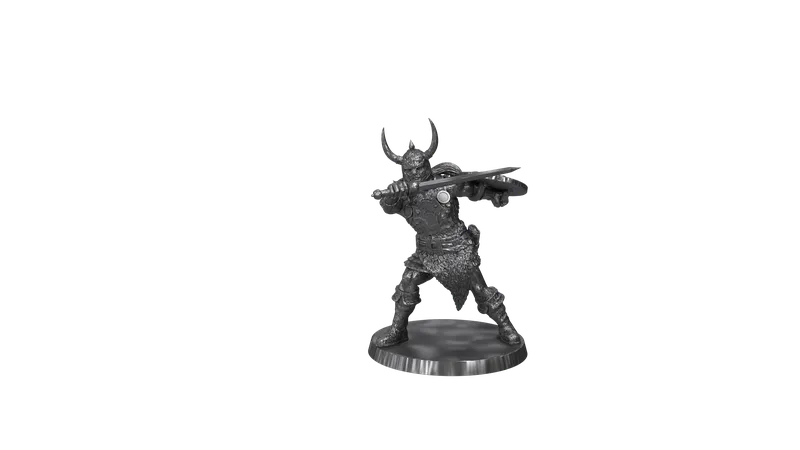 Horned warrior holding a sword and shield on a round base
