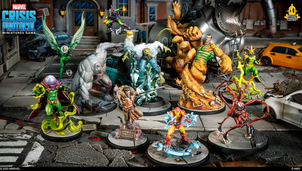 A dynamic scene features a group of iconic Spider-Man villains from the Marvel: Crisis Protocol game, set against a detailed urban backdrop. Prominent figures include Mysterio in a green and purple costume, the hulking Lizard, and Kraven the Hunter, all depicted in vibrant colors and intricate miniature detail. The setting includes a damaged street with a vehicle and a warning sign that reads "DANGER DO NOT ENTER THE ANIMALS," enhancing the dramatic atmosphere.