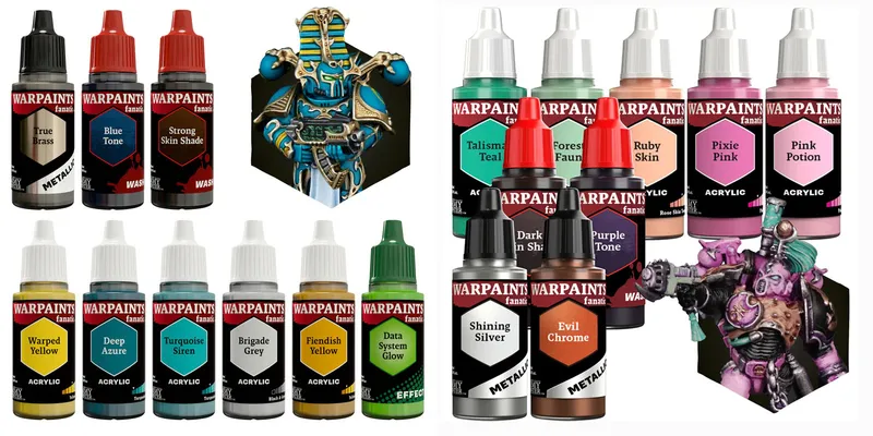 A collection of paint bottles from Army Painter is displayed, featuring various colors and shades specifically curated for Warhammer 40,000’s Chaos forces. The bottles include shades like "Blue Tone," "Strong Skin Shade," and "Talisman Teal," alongside vibrant colors such as "Deep Azure," "Turquoise Siren," and "Fiendish Yellow." An intricately painted miniature figure, resembling a character from the game, is positioned prominently in the center, showcasing the potential application of these paints.