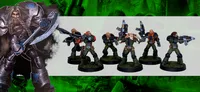Six armored figures with weapons, green forest background.