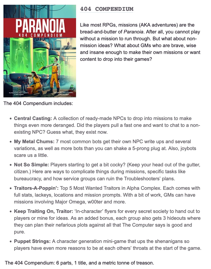 Showing the 404 Compendium Book cover and description as shown on Roll20