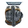 Metal mug shaped like a skull with mechanical parts and a coiled hose, with "WARHAMMER 40,000" text above.