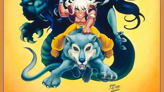 The cover of the ElfQuest roleplaying game box. At the top, the title "ElfQuest" is in large blue stylized letters, with the subtitle "The Official Roleplaying Game" beneath it in smaller black text. In the center, a blonde elf with pointed ears and a yellow outfit holds a dagger, standing on the back of a gray wolf with its mouth open. Behind them, a large blue panther-like creature looms, and a blue-skinned figure with long black hair and a white outfit is partially visible. The background is a gradient of yellow and orange. In the bottom right corner, the text "Pini 83" is visible.