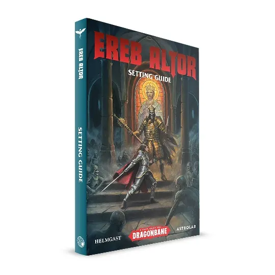 A book titled "Ereb Altor Setting Guide" stands upright, featuring a striking cover illustration of a knight in ornate armor wielding a sword, set against a backdrop of a grand, illuminated stained glass window. The title is prominently displayed in bold red letters at the top, with the logos of Helmgast and Astrolab at the bottom. The overall color scheme combines dark tones with vibrant highlights, emphasizing the fantasy theme of the Dragonbane RPG.