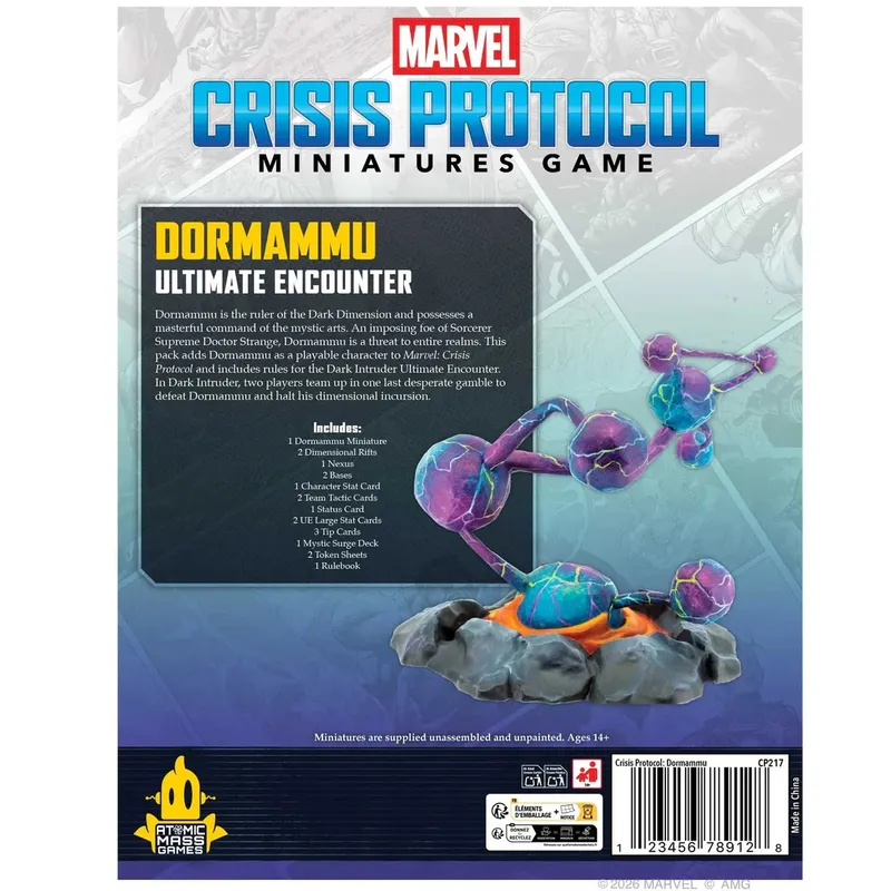 The packaging for the "Marvel: Crisis Protocol - Dormammu Ultimate Encounter" features a dark, mystical design with vibrant colors. Prominently displayed is the title "DORMAMMU ULTIMATE ENCOUNTER" in bold yellow letters, alongside an illustration of Dormammu's dimensional rifts, which are depicted in shades of purple and blue with glowing accents. The back of the box lists the contents, including a Dormammu miniature, dimensional rifts, character cards, and a rulebook, all set against a textured background that evokes the Dark Dimension.