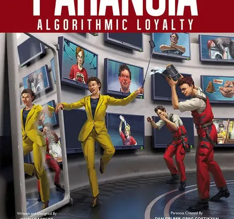 PARANOIA ALGORITHMIC LOYALTY, people in yellow and red suits, screens with faces, selfie stick.