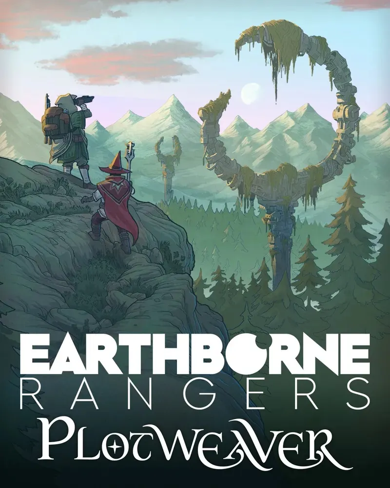 Two adventurers on a cliff, a giant mechanical serpent, and text "EARTHBORNE RANGERS Plotweaver"