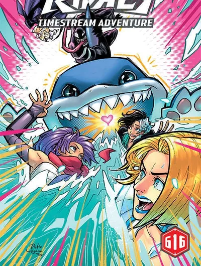 A colorful comic book cover features the title "MARVEL RIVALS TIMESTREAM ADVENTURE" prominently at the top. In the center, a large, cartoonish shark with an open mouth and sharp teeth looms over characters including Psylocke and Jeff the Land Shark, who are depicted in dynamic poses, expressing surprise or determination. The background is vibrant with pink and blue hues, adding to the energetic feel of the scene.
