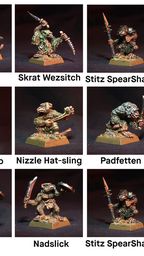 A collection of painted miniature figures, each depicting various goblin-like characters in dynamic poses. The figures are displayed in a grid format, showcasing their unique weapons and features, such as staffs, slings, and clubs. The background is dark, highlighting the detailed paintwork and textures of each miniature, with names labeled beneath each figure.