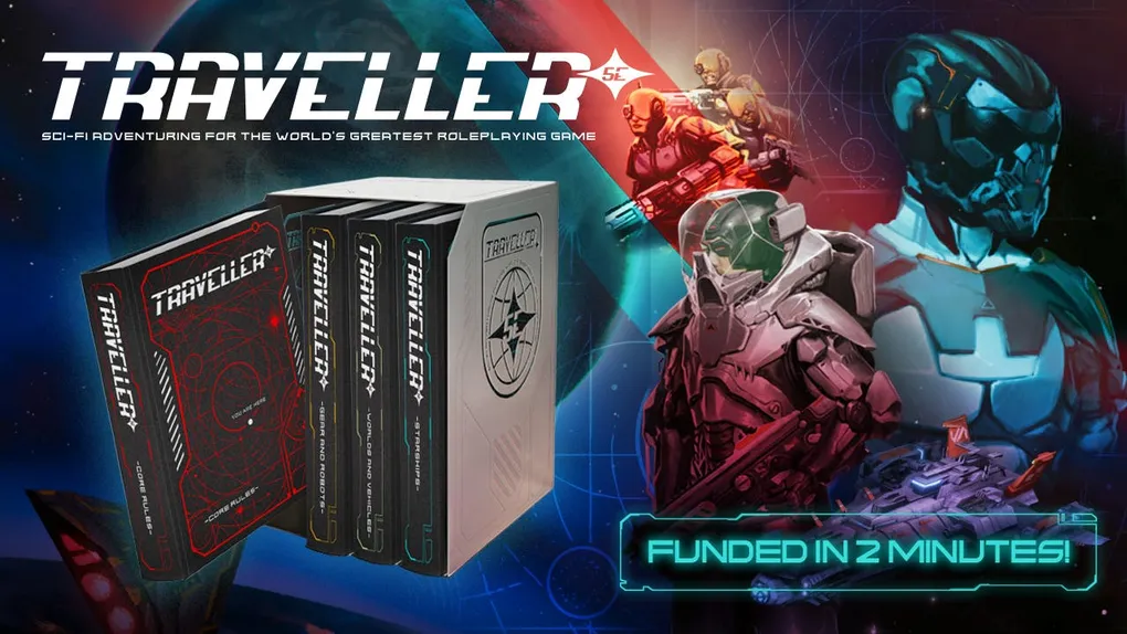 Four hardcover books for the Traveller 5E tabletop roleplaying game are displayed prominently, featuring distinct covers. The books include "Core Rules" with a red design, "Gears and Robots" in black, "Worlds and Vehicles" also in black, and "Starships" in a similar style, all housed in a white slipcase adorned with a logo. The background features a cosmic scene with hints of futuristic technology, emphasizing the sci-fi theme of the game.