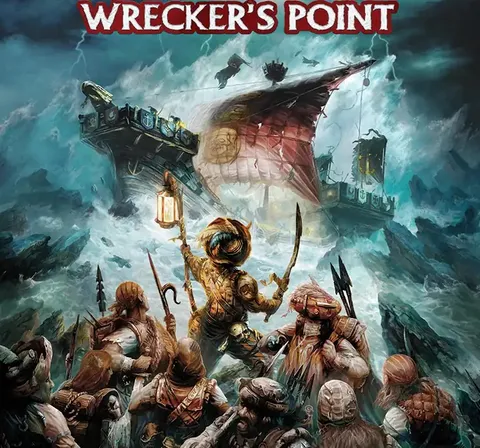 A group of armored warriors on a stormy battlefield, one holding a lantern aloft. A damaged ship with a red flag bearing a skull and crossbones flies overhead. Text at bottom reads: "GRIM AND PERILOUS ADVENTURE AT THE THRESHOLD OF THE EMPIRE."