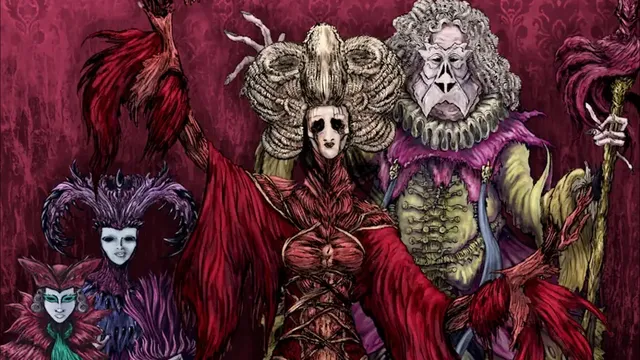Five stylized figures in elaborate, gothic attire pose against a dark red background. Two circular portraits show a man in a top hat and another in a dark coat. Central text reads: "Malamorte’s Oddities Collection: Red Death Party."