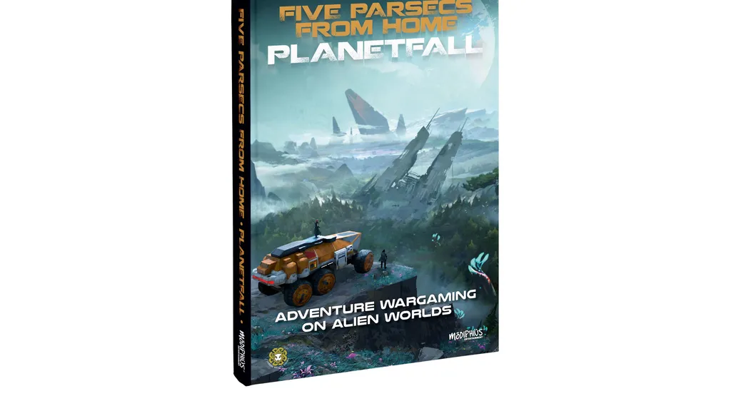 A book titled "Five Parsecs From Home: Planetfall" is prominently displayed, featuring a vibrant cover illustration. The scene depicts a rugged alien landscape with a large vehicle in the foreground, surrounded by lush vegetation and remnants of crashed starships in the background. The title is boldly printed at the top, with the subtitle "Adventure Wargaming on Alien Worlds" at the bottom, emphasizing the game's focus on exploration and tactical combat.