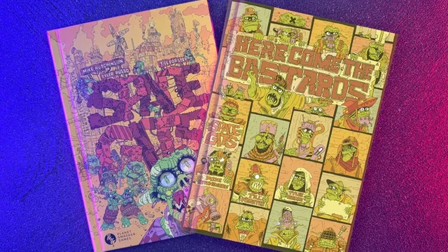 Two hardcover books are displayed against a gradient background of purple and blue. On the left, the book titled "Space Gits" features a colorful, chaotic illustration of space orcs amidst a whimsical landscape, with bold, stylized text. On the right, "Here Come The Bastards" showcases a vibrant cover filled with various orc characters in a comic strip style, prominently featuring the title in large, eye-catching letters. Both books reflect the playful and irreverent theme of the game.