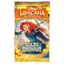 A brightly colored booster pack for the Disney Lorcana Trading Card Game, titled "Wilds Unknown," features a character with curly red hair, dressed in a blue outfit, holding a bow and arrow. The background includes whimsical elements and vibrant colors, with the title prominently displayed in a stylized font. The pack indicates it contains 12 additional game cards and is branded with the Ravensburger logo.