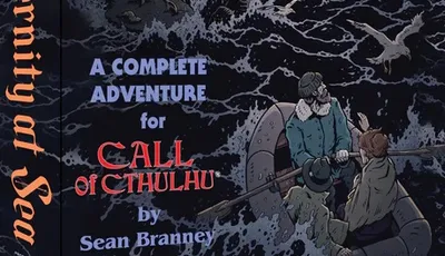 A box titled "Eternity at Sea" features a dramatic illustration of a rocky coastline with a dark, ominous building perched atop a cliff, surrounded by turbulent waves and seagulls in flight. Two figures in a small boat are depicted in the foreground, navigating the choppy waters, while the title and subtitle highlight it as a complete adventure for the Call of Cthulhu roleplaying game. The overall color palette includes deep blues and grays, enhancing the eerie atmosphere of the scene.