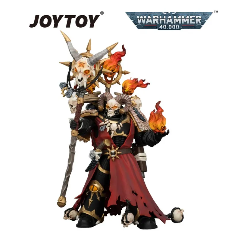 A skeletal figure in ornate black and red armor with a tattered cape, holding a flaming object in one hand and a large staff topped with a skull and burning wheel in the other. The background is white. In the top left corner, the text "JOYTOY" is visible. In the top right corner, the text "WARHAMMER 40,000" is visible.