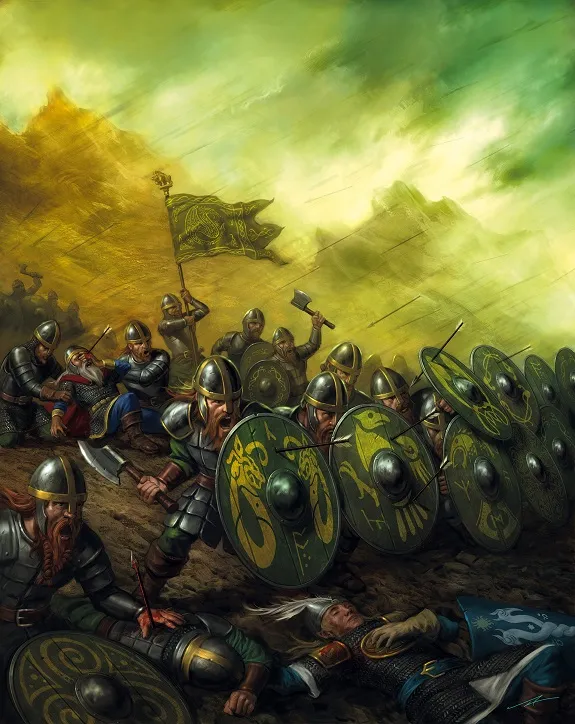 A group of armored warriors in a battle scene, wearing chainmail and helmets with nasal guards. Many hold round shields with intricate green and gold designs, including a dragon motif. Some wield axes, swords, or spears. One warrior raises a hammer, while another holds a flag with a similar dragon emblem. The setting is a dusty, chaotic battlefield with a dramatic sky of green and yellow hues. In the foreground, a fallen warrior lies on the ground.