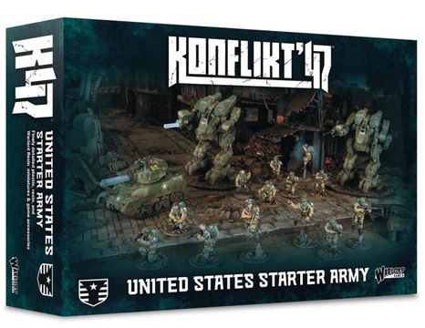 A box for the "Konflikt '47 United States Starter Army" features a dynamic scene with various miniatures and vehicles. In the foreground, several detailed figures in military attire are arranged alongside a tank and a large, mechanized walker, showcasing the game's unique blend of historical and sci-fi elements. The background depicts a war-torn environment, enhancing the thematic setting of the game.