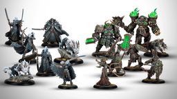 A collection of highly detailed miniatures from the new Warmachine starter set, "Frozen and Forgotten," features two distinct warbands. On the left, dark elves Nyss hunters are represented, including Lanyssa Ryssyl, a character in ornate armor, and various character warbeasts, all in dark and muted colors. On the right, the ogres Orgoth Graveborn are led by Anathia, the Imperishable Desolation, clad in heavy armor with green accents, alongside other character units, showcasing a mix of dark and metallic tones. The miniatures are set against a light background, highlighting their intricate designs.