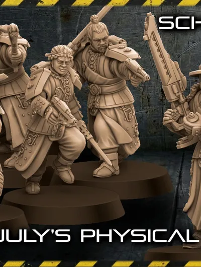 Five miniatures in futuristic Korean-inspired armor holding rifles, text "SCI-FI GAPSA JULY'S PHYSICAL & DIGI"