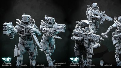 Three futuristic military robots are displayed in a dynamic arrangement, each featuring a slim, minimal steel frame with articulated joints. The robots are equipped with heavy assault rifles and one is holding a drone, showcasing a variety of poses and head designs. The models have a modernist aesthetic, suitable for settings in modern warfare, post-apocalyptic, cyberpunk, or sci-fi games, with a dark background enhancing their striking appearance.