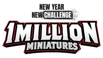 The image features bold, stylized text that reads "MILLION MINIATURES" prominently in the center, with a dynamic design that includes sharp edges and a black and red color scheme. Above this, the phrases "NEW YEAR" and "NEW CHALLENGE" are displayed in a smaller font, emphasizing a fresh start or initiative. The overall design conveys excitement and energy, suitable for a gaming or hobby context.
