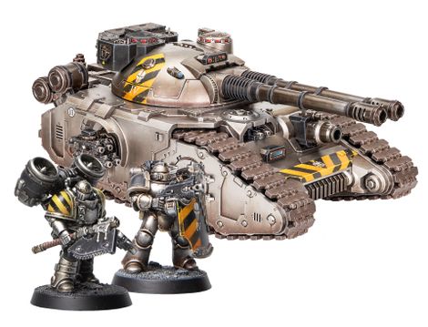A detailed image features a large, imposing Fellblade super-heavy tank, showcasing a metallic finish with yellow hazard stripes on its turret. Flanking the tank are two MkII Assault Marines, one wielding an axe and the other holding a bolter, both adorned in similar black and yellow armor. The base of the miniatures is textured, enhancing the overall presentation of this Warhammer 40,000 scene.