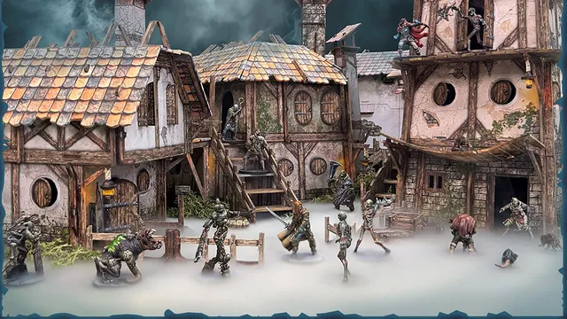 A detailed fantasy market square scene features various buildings, including a large inn and cottages, all designed with intricate textures and colors. Miniature figures, including skeletal warriors and a creature, are positioned throughout the scene, interacting with the environment. The backdrop includes a cloudy night sky with a prominent moon, enhancing the atmospheric setting.