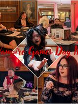 A collage of images from Vampire Games Day II showcases various participants engaged in tabletop roleplaying games in a gothic setting. In the top left, a group of players sits around a table, with a portrait hanging on the wall behind them. The center features a participant with cat-like ears extending a hand, while the bottom left shows a storyteller in a red vest leading a session. The bottom right highlights a player in a black lace outfit, all set against a backdrop of elegant wooden decor and ambient lighting. The title "Vampire Games Day II" is prominently displayed in a bold, red font across the collage.