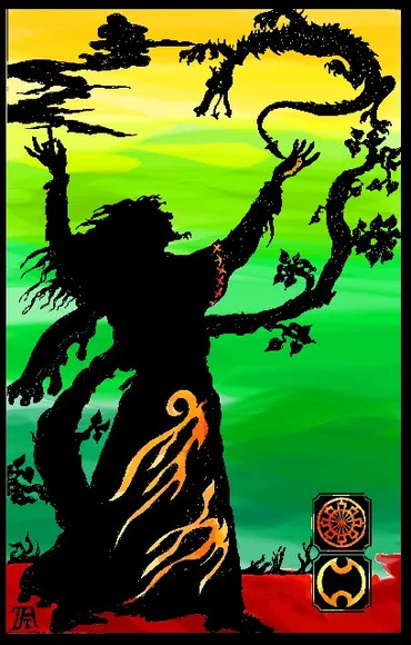 A silhouetted figure, possibly a mage, stands with arms raised against a vibrant gradient background of green and yellow. The figure is adorned with flowing robes featuring flame-like designs, and a dragon-like creature spirals above. In the lower right corner, there are two symbols, one circular and one resembling a stylized flame, adding to the mystical theme.