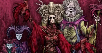 Five stylized figures in elaborate, gothic attire pose against a dark red background. Two circular portraits show a man in a top hat and another in a dark coat. Central text reads: "Malamorte’s Oddities Collection: Red Death Party."