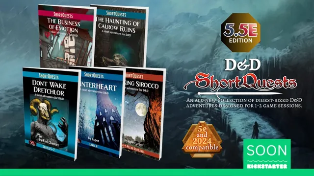 A collection of five pocket-sized Dungeons & Dragons adventure books titled "ShortQuests," designed for quick 1-2 session games, is showcased. The covers feature titles such as "The Haunting of Calrow Ruins," "Winterheart," and "Croaking Sirocco," each with distinct artwork reflecting their themes. The text highlights compatibility with D&D 5th Edition and mentions a bonus adventure for backers, along with a "SOON" label indicating the Kickstarter campaign's upcoming launch.