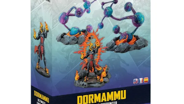 A box for the "Marvel: Crisis Protocol - Dormammu Ultimate Encounter" set features a striking illustration of Dormammu, depicted with fiery elements and a menacing stance, surrounded by swirling dimensional rifts. The packaging includes vibrant colors, with a dark background contrasting against the bright flames and mystical rifts. The title "DORMAMMU ULTIMATE ENCOUNTER" is prominently displayed at the bottom, indicating the contents of the set.