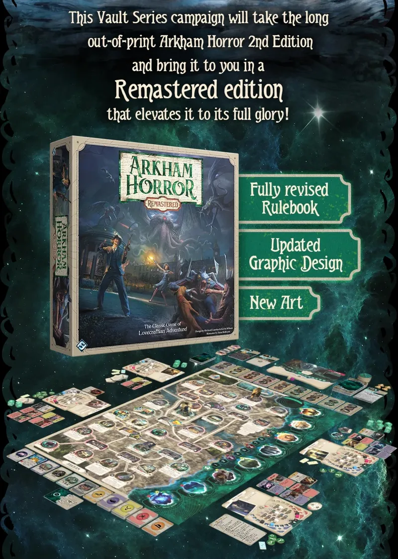 Arkham Horror Remastered game box, cards, and board with investigators and monsters.