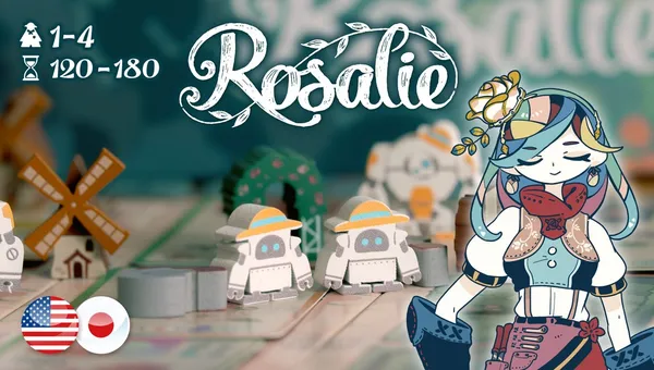 "Rosalie" with two small robots wearing hats on a game board, illustrated character with flowers.