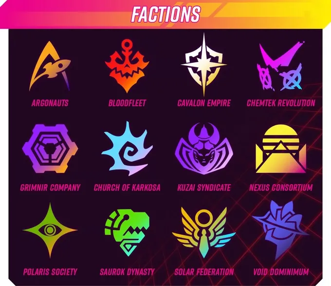 A grid of colorful faction logos from the Neon Odyssey campaign, each representing a different group within the game. The logos are arranged in three rows, featuring designs such as a stylized anchor for the Argonauts, a red emblem for the Bloodfleet, and a geometric symbol for the Grimnir Company. The background is dark, enhancing the vibrant colors of the logos, which include shades of blue, green, purple, and orange, with the word "FACTIONS" prominently displayed at the top.