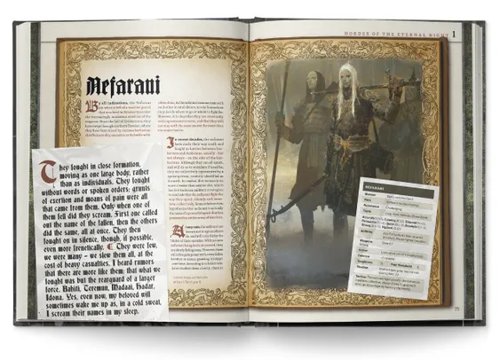 A two-page spread from the Symbaroum tabletop roleplaying game book features a dark and atmospheric illustration of two eerie figures, the Nepharim, standing in a misty environment. The figures are clad in dark, tattered clothing, with pale, ghostly faces and long hair, holding weapons that suggest a menacing presence. On the right page, a character sheet outlines their attributes, including race, resistance, and abilities, framed by ornate borders that enhance the mystical and foreboding theme of the game.