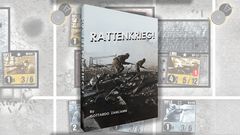 A game box for "RATTENKRIEG!" features a dramatic black-and-white image of two soldiers navigating through a war-torn landscape, emphasizing the game's focus on the Battle of Stalingrad. The title "RATTENKRIEG!" is prominently displayed in bold, white letters at the top, with the designer's name, Gottardo Zancanni, listed below. In the background, various game components, including counters and maps, are partially visible, hinting at the game's intricate mechanics and immersive experience.