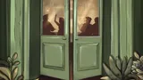 A green double door with glass panels, slightly ajar, showing silhouettes of people inside a dimly lit room. Above the door, a backlit sign reads "AMICI DI SEMPRE" in large, elegant letters, with a smaller sign below it reading "RULEBOOK" in bold, red letters. The door is framed by green curtains, and decorative plants with large leaves flank the base of the door.