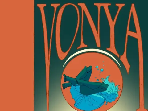 A seated figure in a long coat and hat, holding a glowing orb with a small creature inside. Above, a circular window shows a blue whale and smaller aquatic creatures in a red-orange underwater scene. Text reads "by Henry Harris" in small font near the top center.
