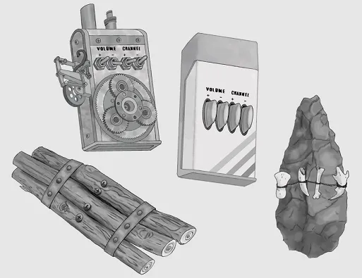 Gears, bundled sticks, a box with "VOLUME CHANNEL" text, and a brain with exposed teeth.