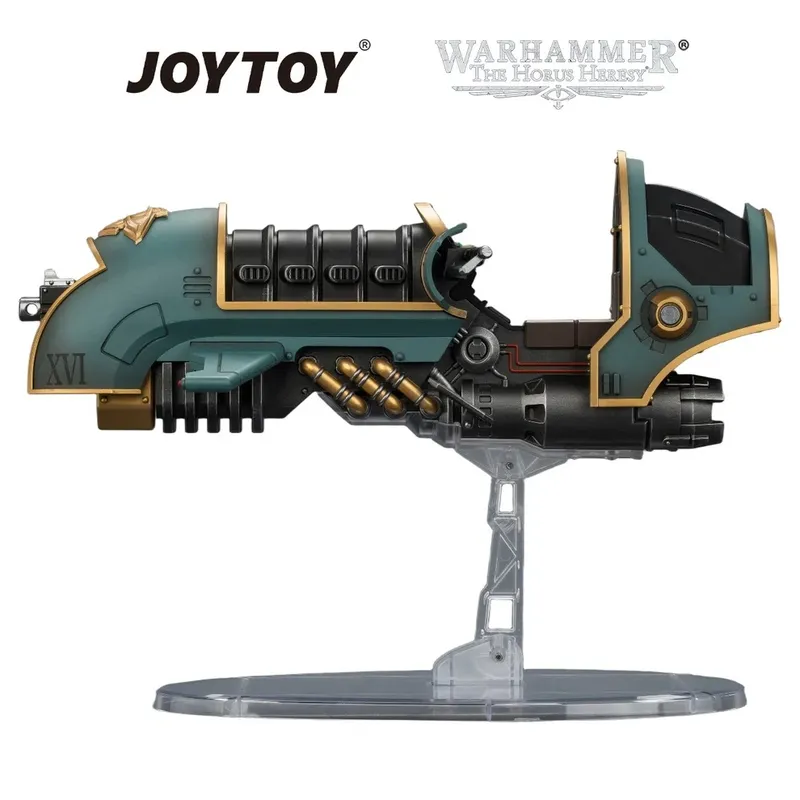 Green and gold jetbike on stand, "JOYTOY" and "WARHAMMER The Horus Heresy" text visible.