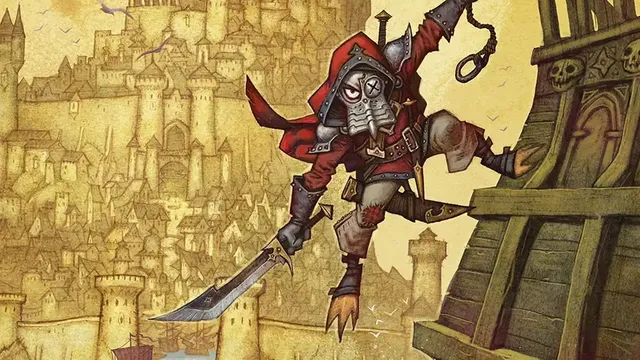 Armored figure leaping from a ship, city and text "ARKAND CITY OF WAVES AND FLAMES" below.