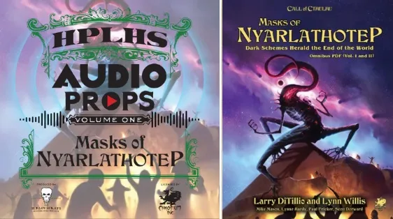 A vibrant graphic features the title "HPLHS AUDIO PROPS Volume One" prominently displayed, with a stylized design that includes sound wave motifs and silhouettes of figures. To the right, the cover of "Masks of Nyarlathotep" showcases a dark, atmospheric illustration of a tentacled creature, emphasizing the eerie theme of the Call of Cthulhu universe. The text highlights the connection to the campaign, with the authors' names listed below the title.