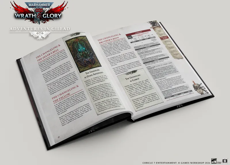 An open book titled "Adventures in Gilead" from the Warhammer 40,000 Roleplay: Wrath & Glory collection is displayed, showcasing several pages filled with text and illustrations. The left page features sections titled "The Changeling & The Diver's Bell" and "The Changeling & The Fallow," along with a colorful illustration of a mystical figure. The right page includes headings like "The Changeling in Other Adventures" and "The Changeling in Combat," with detailed descriptions and rules. The overall design reflects the dark and intricate themes of the Warhammer universe.
